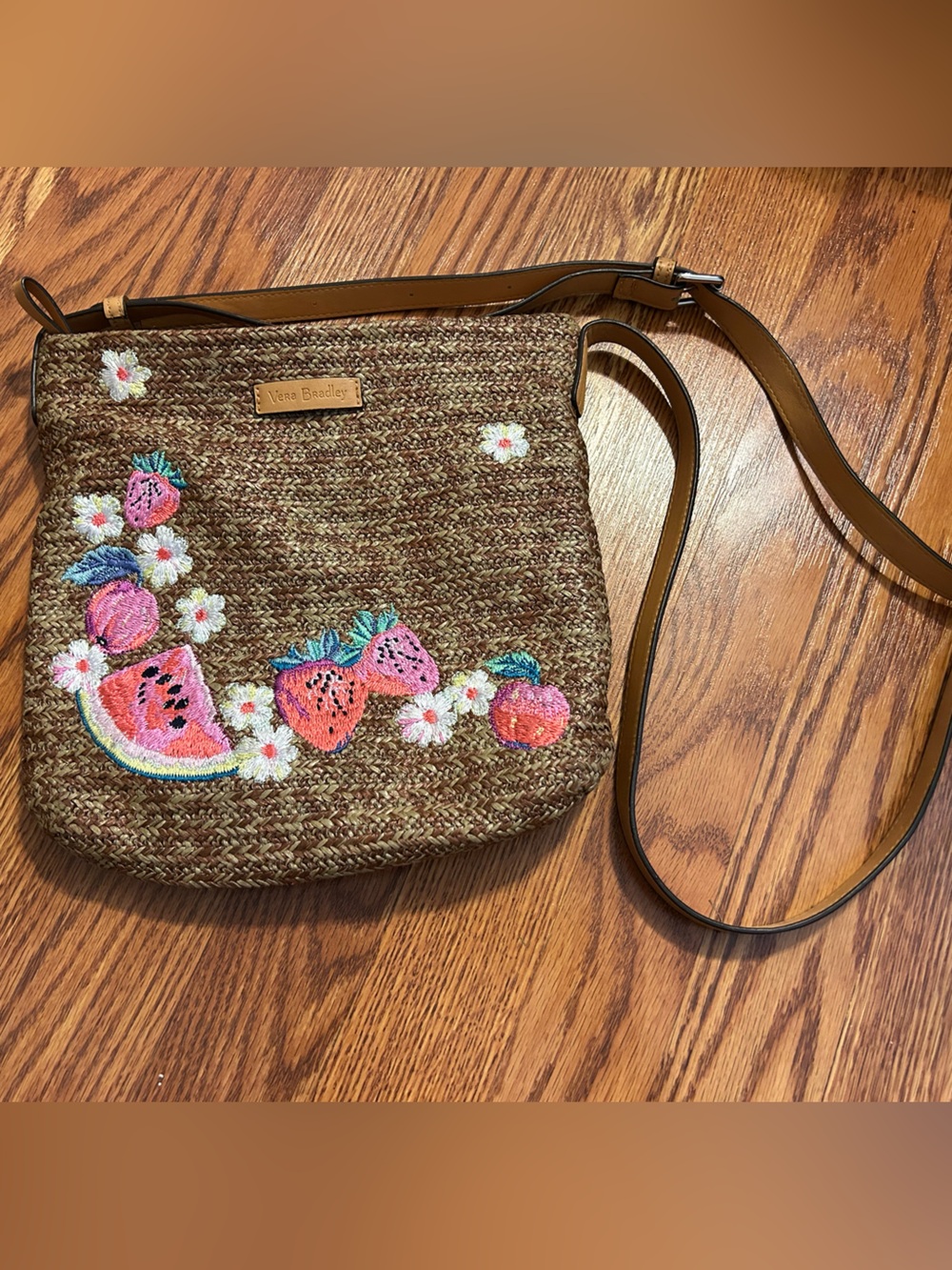 Vera Bradley Embroidered Straw Crossbody Bag - Brown with Pink Fruit Motif
